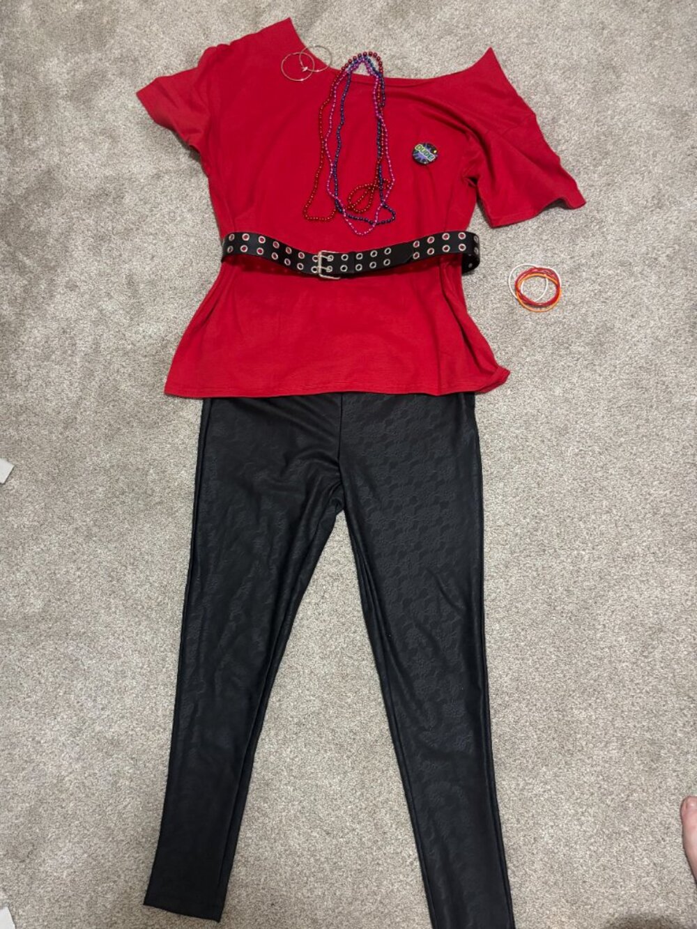 DIY 1980s Rocker Costume Bundle – Size L Black Faux Leather Lace Leggings & Red - Picture 2 of 8